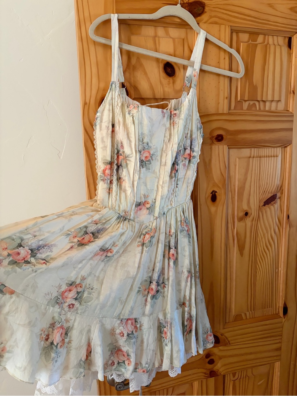 Floral Lace-Trim Sundress in Light Blue with Pink Roses
